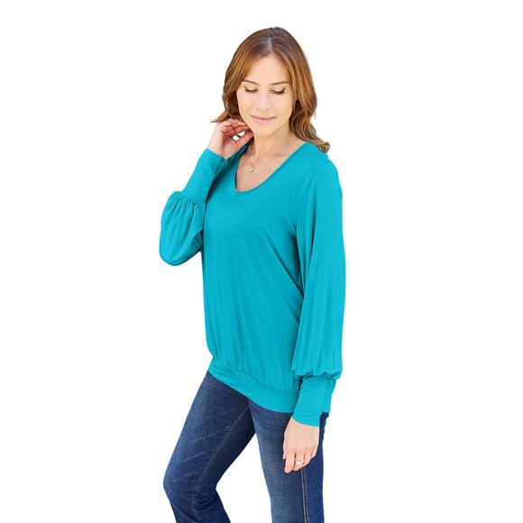 BASIC BAE Sky Blue V-Neck Long Lantern Sleeve Banded Waist Top NEW Misses Plus - Picture 1 of 8